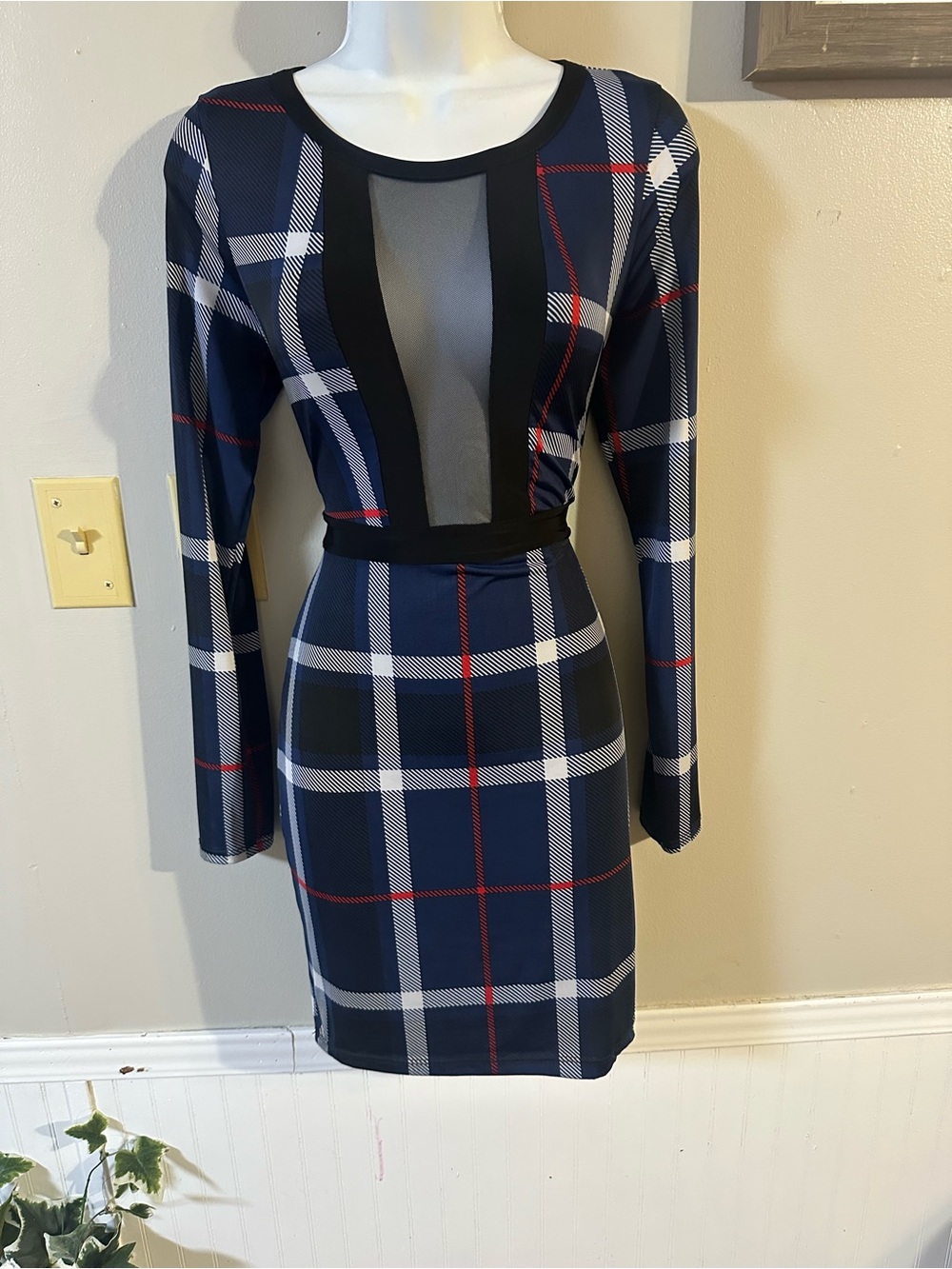 Plaid Navy Bodycon Skirt with Mesh Waist -  Women